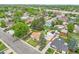 An aerial view of a suburban neighborhood showcasing well-maintained homes and mature trees with mountain backdrop at 2121 W 73Rd Pl, Denver, CO 80221