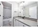 Stylish bathroom featuring a single vanity with neutral countertop and walk-in shower at 2078 S Holly St # 1, Denver, CO 80222
