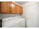Functional laundry room with upper cabinets and side by side washer and dryer at 12560 E Warren Dr # E, Aurora, CO 80014
