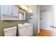 Bathroom with vanity, white cabinets, a mirror, and a toilet at 921 S Wheeling St, Aurora, CO 80012