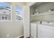 Well-lit laundry room with side-by-side washer and dryer and open shelving at 1601 Venice Ln, Longmont, CO 80503