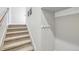 Carpeted staircase with white walls and coat hooks, offering both comfort and functionality at 1601 Venice Ln, Longmont, CO 80503