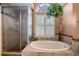 Bathroom featuring a soaking tub under a stained glass window and a glass-enclosed shower at 9875 Greensview Cir, Lone Tree, CO 80124