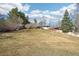 An expansive, fenced yard featuring mature trees and grassy terrain slopes gently toward the home's exterior at 7076 S Verbena Cir, Centennial, CO 80112