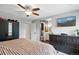 Comfortable main bedroom features a ceiling fan, TV, and ensuite bathroom at 9664 W Grand Ave, Littleton, CO 80123