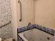 Bright bathroom with a jacuzzi-style bathtub lined with a blue-and-white pattern at 5274 W Rowland Pl, Littleton, CO 80128