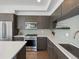 The modern kitchen is equipped with stainless steel appliances, gray backsplash, and cabinets at 1568 Wolff St, Denver, CO 80204