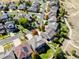 An aerial view of a neighborhood showcasing well-maintained homes and tree-lined streets at 23029 Cleveland Dr, Parker, CO 80138