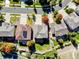 An aerial view of the homes displaying well manicured yards, fire pit, and green grass at 23029 Cleveland Dr, Parker, CO 80138