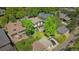 Aerial view showcases a home's expansive backyard, mature trees, complemented by surrounding neighborhood, detached garage, and patio at 2236 Forest St, Denver, CO 80207
