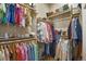 A walk-in closet with hanging clothing and shoes on shelves at 634 County Road 37, Brighton, CO 80603