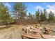 Stone fire pit area surrounded by log benches, set amidst trees for an inviting outdoor gathering space at 1730 Ward Cir, Franktown, CO 80116
