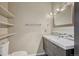 Modern bathroom with sleek vanity, open shelving and mosaic tile backsplash at 980 S Locust St # D, Denver, CO 80224