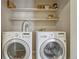 Neat laundry area with side-by-side washer and dryer and white shelves at 980 S Locust St # D, Denver, CO 80224