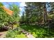 Lush backyard featuring mature trees, a stone pathway, and well-maintained greenery at 1560 Findlay Way, Boulder, CO 80305