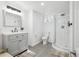 Modern bathroom featuring a glass-enclosed shower and sleek vanity at 1888 S Filbert Ct, Denver, CO 80222