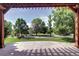 Expansive backyard view from a covered patio, showcasing lush green trees and well-maintained lawn at 8720 E 163Rd Pl, Brighton, CO 80602