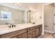 Bathroom featuring double vanity, granite countertops, framed mirror, and wood look flooring at 119 Leafy Aster Ln, Castle Rock, CO 80104