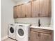Functional laundry room with front load washer/dryer, sink, counter, and cabinetry for ample storage at 119 Leafy Aster Ln, Castle Rock, CO 80104