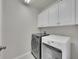 Bright laundry room with modern washer and dryer units, and upper cabinets at 8646 Fawnwood Dr, Castle Pines, CO 80108