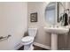 A clean powder room includes a pedestal sink, an oval mirror and a toilet at 8661 Hunters Hill Ln, Littleton, CO 80125