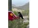 A hummingbird is perched on a feeder with a scenic mountain view in the background at 2120 Gross Dam Rd, Golden, CO 80403