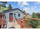 Charming exterior featuring a red door, wood accents, and a 'Railroad Crossing' sign for unique curb appeal at 812 Aspen Rd, Golden, CO 80401