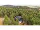 Aerial view showing a modern home with soaring windows surrounded by tall trees at 13910 Blue Jay Ln, Larkspur, CO 80118