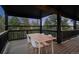 Covered deck with dining table and chairs, ideal for enjoying meals with scenic wooded views at 13910 Blue Jay Ln, Larkspur, CO 80118