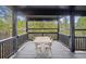 Covered outdoor deck with a table and chairs with scenic views of the surrounding forest at 13910 Blue Jay Ln, Larkspur, CO 80118