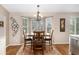 Dining room with chandelier, bay window, hardwood floors, and a decorative wall hanging at 1479 Short Grass Ct, Castle Rock, CO 80109
