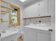 Functional laundry room with sink, window, cabinets, and folding space at 5336 High Rd, Evergreen, CO 80439