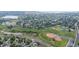Bird's eye view of an area featuring a baseball field, open space, walking trails, and a tranquil lake in the distance at 10563 Pierson Cir, Broomfield, CO 80021