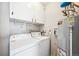 Efficient laundry room with washer, dryer, water heater, and upper storage cabinets at 1955 Ingalls St, Lakewood, CO 80214