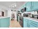 Modern kitchen with stainless steel appliances and unique blue cabinets at 5714 N Gibralter Way # 5-204, Aurora, CO 80019