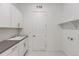 A laundry room featuring white cabinets, gray countertops and white shelving at 3856 Treadway Pt, Castle Rock, CO 80108