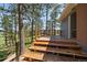 Inviting wooden deck with steps and metal railing surrounded by pine trees at 29827 Gigi Rd, Evergreen, CO 80439
