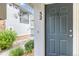 Close up of a stylish blue front door with house number and inviting curb appeal at 32 Whitehaven Cir, Highlands Ranch, CO 80129