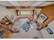 Aerial view of living room with stone fireplace, skylights, and cozy furniture arrangement at 31412 N Bermuda Dunes Dr, Evergreen, CO 80439