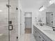 Primary bathroom boasts double vanity sinks, tile flooring, walk-in shower, and a walk-in closet at 2078 S Holly St # 3, Denver, CO 80222