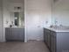 Bright bathroom featuring dual vanities with gray cabinetry, modern fixtures, and neutral tile flooring at 13788 Umatilla Ln, Broomfield, CO 80023