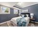 Comfortable bedroom with blue walls, two windows, an area rug and neutral decor offers a relaxing retreat at 8712 W 64Th Way, Arvada, CO 80004