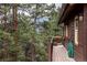 Home's deck showcases views of lush trees, providing a serene outdoor living space at 54 Zaza Ln, Evergreen, CO 80439