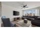 Comfortable living room with modern furniture, stylish rug, and bright windows at 24784 E Tennessee Pl, Aurora, CO 80018