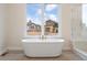 Elegant soaking tub under a large window with neighborhood views and a tiled walk-in shower at 8015 Parnassus Pl, Castle Rock, CO 80108