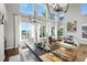 Bright dining room featuring hardwood floors, high ceilings, many windows, modern decor, and elegant lighting at 10601 Chadsworth Ln, Highlands Ranch, CO 80126