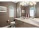 Bathroom boasts neutral walls, modern vanity with white countertop, stylish lighting, and a framed print at 510 Castle Pines Dr, Castle Rock, CO 80108