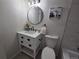 Charming bathroom features a modern vanity, round mirror, and stylish fixtures at 14433 E Jewell Ave # 101, Aurora, CO 80012