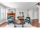 Bright living room with fireplace, hardwood floors, white sofa and elegant furniture at 10646 Amesbury Way, Highlands Ranch, CO 80126