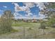Expansive backyard view showcasing a large grassy area, mature trees, and distant mountain scenery under a blue sky at 7715 Rafter Rd, Franktown, CO 80116